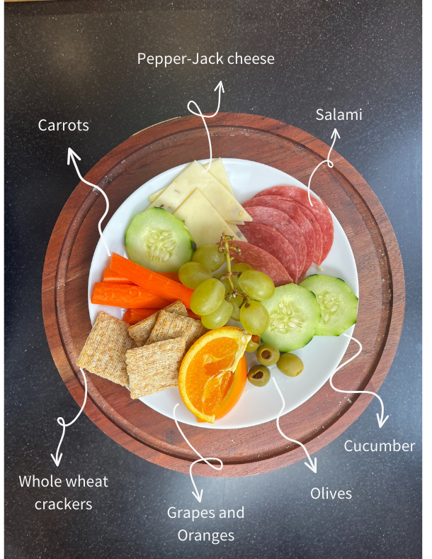 A small plate with a serving of cheese, salami, cucumber, oranges, carrots, grapes, crackers, and olives