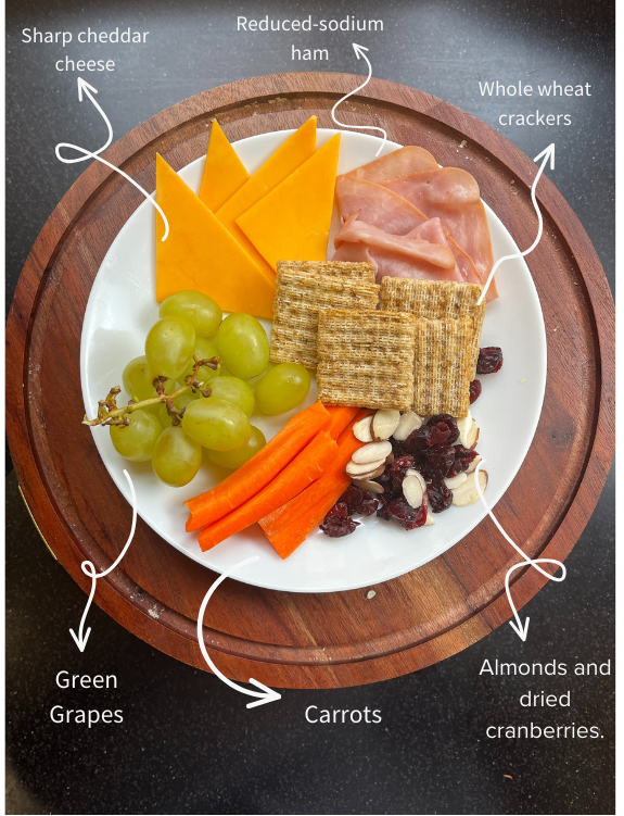 A small plate with a serving of carrots, crackers, grapes, dried cranberries, almonds, low sodium ham, and sharp cheddar cheese.