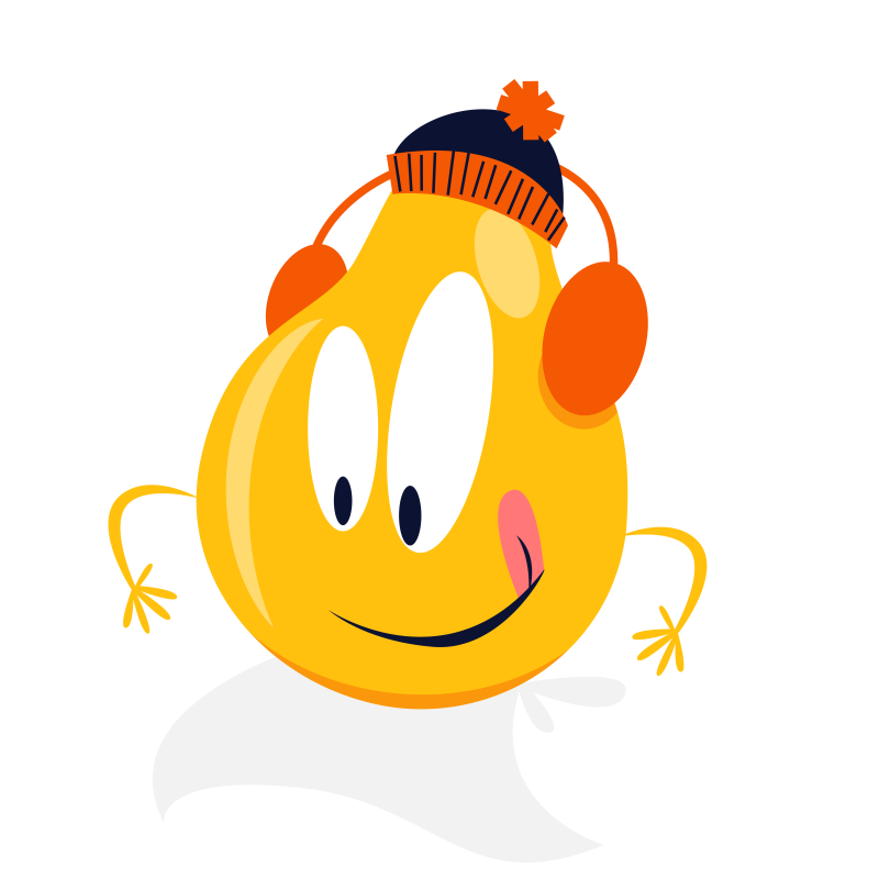 Pear Mascot with hat, earmuffs, and bib